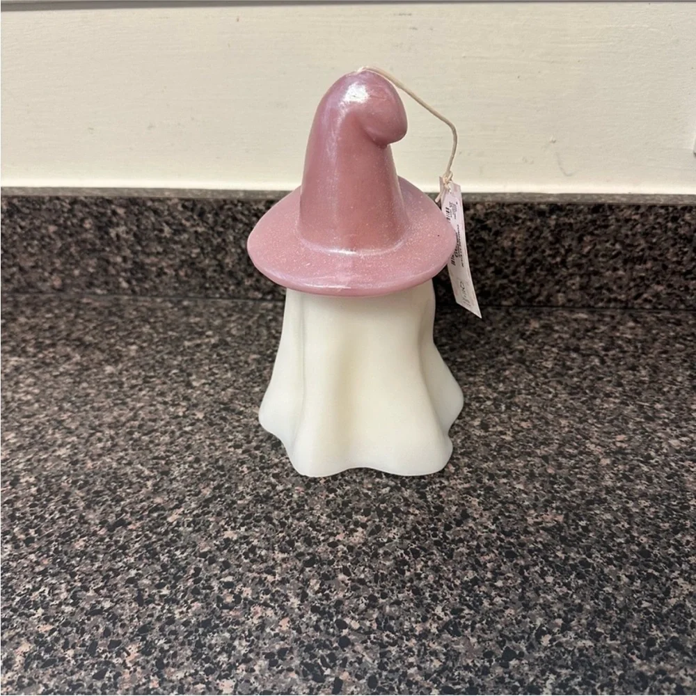 Cupcakes and Cashmere Halloween Ghost Candle with Pink Witch Hat